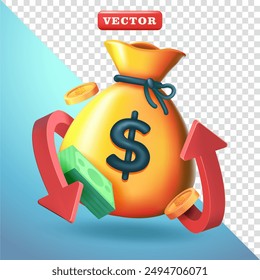 Dinero con flecha trasera, Vector 3D. Adecuado para negocios, finanzas y Elementos de diseño