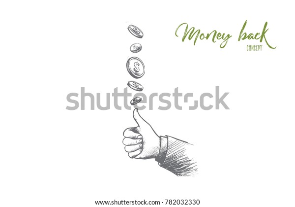 Money\
back concept. Hand drawn coins flying and gesture means perfect.\
Service for clients isolated vector\
illustration.