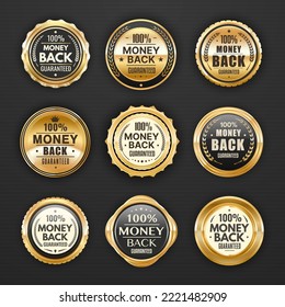 Money back golden badges, labels and guarantee seals, vector gold stamps. Money back warranty badges, customer satisfaction sticker with 100 percent, golden star and crown in laurel wreath