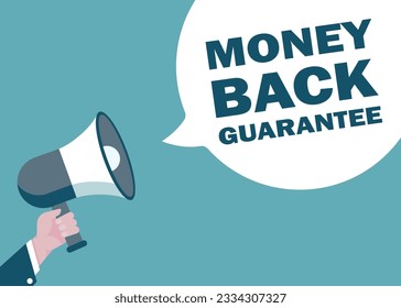 MONEY BACK GUARANTEE announcements with hands holding megaphones With Speech Bubble