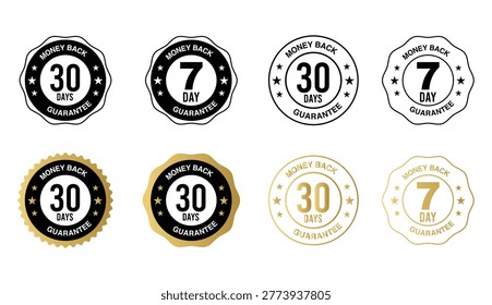 Money Back Guarantee Badge Set with 7 and 30 Days Warranty Stamps in Gold and Black Vector Style