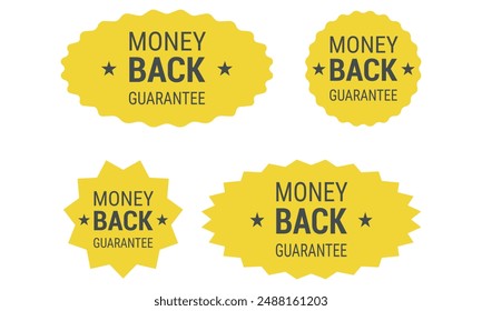 Money back guarantee badge. Starburst refund warranty emblem or stamp. Special offer sale stickers. Promo icons with star edges. Vector image, EPS10