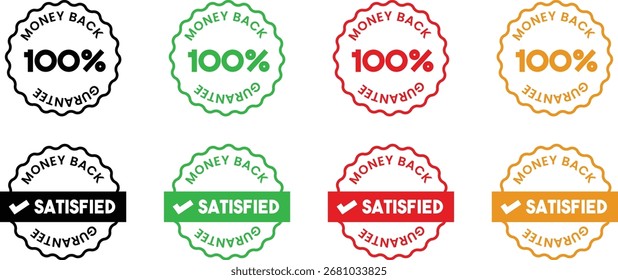 Money Back Guarantee Badge Vector Design Set with 100 Percent and Satisfied Labels in Multiple Colors