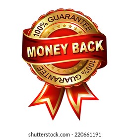 Money Back Guarantee golden label with ribbon.  Vector illustration.