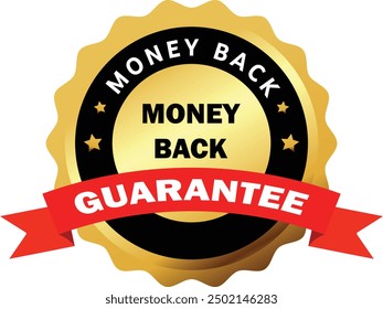 Money Back Guarantee icon in Red curved Ribbon, Money Back Guarantee icon with ribbon, Money back guarantee label seal, Guaranted Product, Money back guarantee