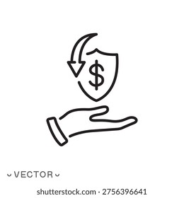 money back guarantee icon, refunds or cashbacks, financial protection and insurance, money back icon,  thin line symbol isolated on white background, editable stroke eps 10 vector illustration