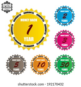 Money back guarantee over colorful circle sticker and label - vector illustration . set 1