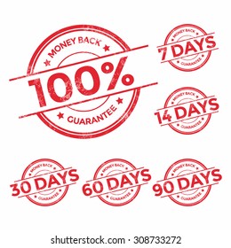 Money back guarantee red stamp set, vector illustration