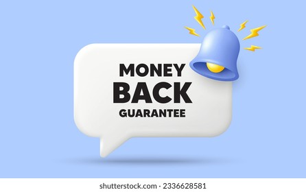 Geld zurück Garantie Tag. 3D-Sprechblase-Banner mit Glocke. Angebotsschild anzeigen. Werbemittel-Symbol. Geld-zurück-Garantie Chat-Sprachnachricht. 3d bietet Talkbox an. Vektorgrafik
