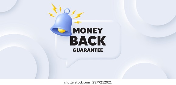 Etiqueta de garantía de devolución de dinero. Fondo neutral con burbuja de habla de chat. Signo de oferta de promoción. Símbolo de promoción de publicidad. El dinero devuelto garantiza el mensaje de voz. Cartel con campana. Vector