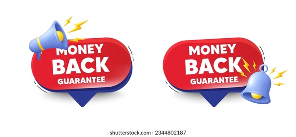 Etiqueta de garantía de devolución de dinero. Burlas de voz con timbre 3d, megáfono. Signo de oferta de promoción. Símbolo de promoción de publicidad. La devolución de dinero garantiza el mensaje de charla. Cuadro de diálogo de oferta roja. Vector