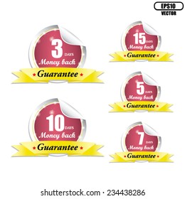 Money Back Guaranteed Label with Red and Silver Badge Sign, Yellow ribbon. Vector. 