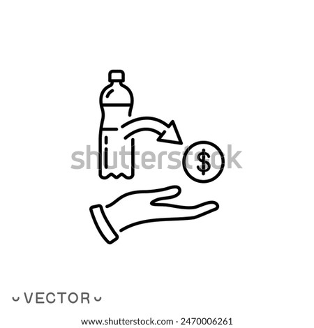 money back on plastic in hand, deposit bottle icon, change money, thin line symbol isolated on white background, editable stroke eps 10 vector illustration