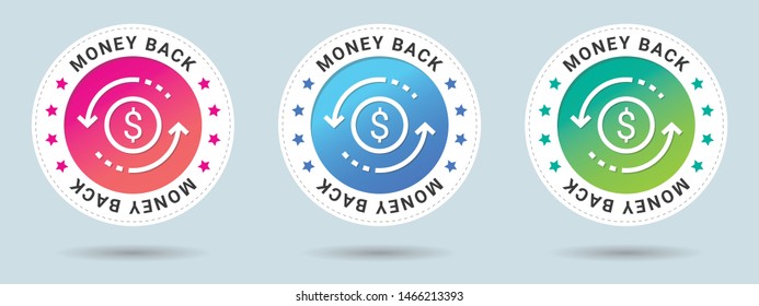 Money back stamp vector illustration. Vector certificate icon. Set of 3 beautiful color gradients. Vector combination for certificate in flat style.