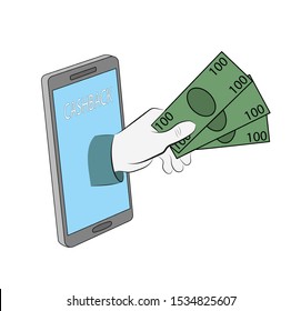 money back through the mobile application. cashback. hand holds out money from the phone. vector illustration.