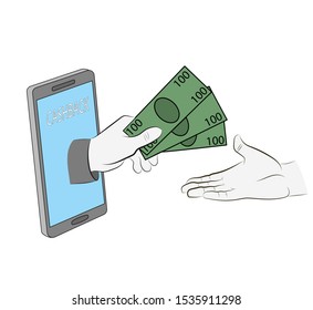 money back through the mobile application. cashback. hand holds out money from the phone. vector illustration.