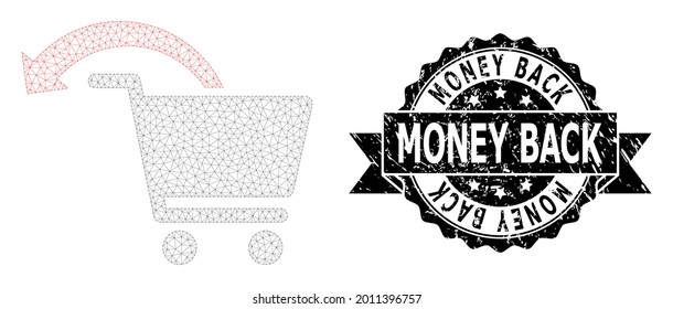 Money Back unclean stamp seal and vector refund shopping order mesh structure. Black stamp contains Money Back title inside ribbon and rosette. Abstract 2d mesh refund shopping order,