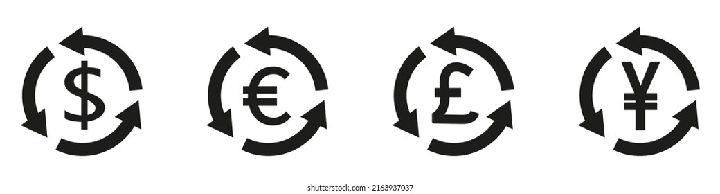 Money back vector icons set. Cashback, euro, dollar, yen, pound or yuan, exchange arrows. Vector illustration eps10