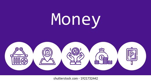 money background concept with money icons. Icons related parking, shop, e commerce, coin