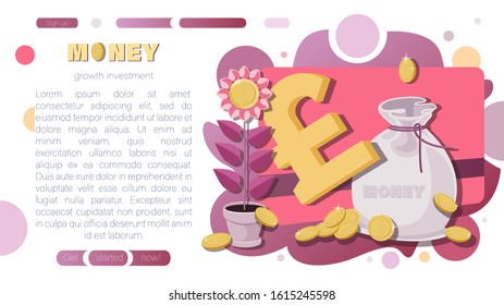 Money  background. Pounds sterling. Vector sign. E-commerce. Money tree, bank card, gold coins. The concept of financial growth, economic or market growth. Vector illustration