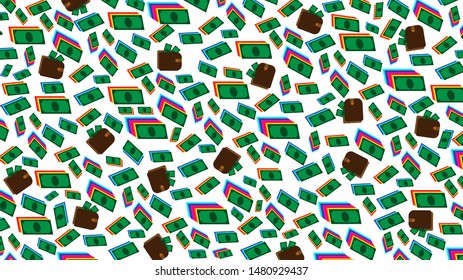 Money background. Wallets with dollars. Green money of different sizes has shades behind different colors. The purse symbolizes getting wealth and being able to control it. Background for web business