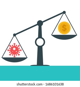 Money and bacteria on scales. Abstract design concept with world coronavirus pandemic and crisis of global financial business system. Creative minimalistic cartoon composition. Vector illustration.