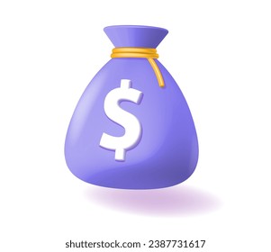 Money bag 3d dollar icon vector graphic, moneybag cash sack purple render cartoon illustration image clipart isolated, currency asset three dimensional symbol 