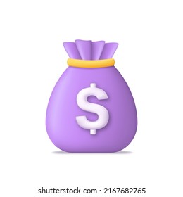 Money bag. 3d money bag. 3d icon of loan, budget and salary. Symbol of dollar, cash and business. Sack with saving. moneybag for investment. Vector.