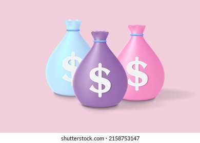 Vector de iconos 3D de bolsa de dinero con signo de dólar.