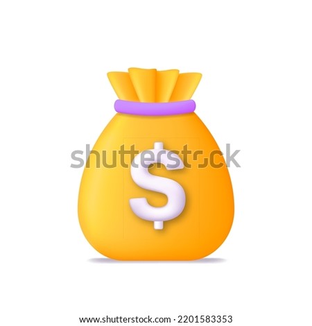 Money bag. 3d icon of yellow moneybag for budget, loan and salary. Dollar for symbol of cash and business. Sack with saving for investment. Vector.