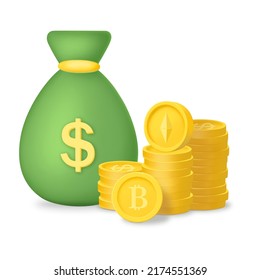 Money bag 3d render icon with cryptocurrency coin stack. Pile of realistic 3d coins, Digital currency, mining. Money earning business concept for finance, investment, online payment. Vector.