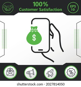 Money, bag and accumulation  icon inside mobile phone. Graphic elements for your work - Modern design
