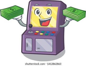With money bag arcade machine next to mascot table