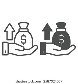 Money bag with arrow on hand line and solid icon, bank account concept. Vector graphics. Dollar deposit portfolio growth sign on white background, outline style icon for mobile or web design