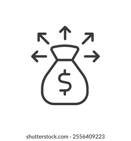 Money bag with arrows, icon in line design. Money, bag, arrows, currency, cash, growth, profit on white background vector. Money bag with arrows editable stroke icon