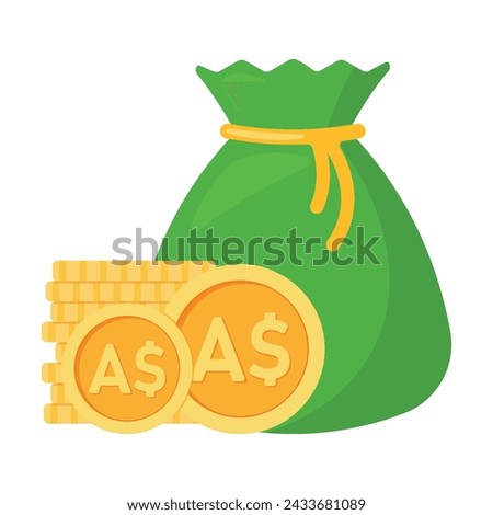 Money bag with Australian dollar coins icon cash, interest rate, business and finance, return on investment, financial solution, prepayment and down payment concept. Cartoon minimal style