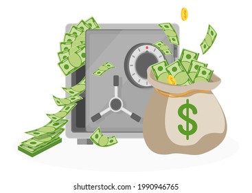 Money bag and bank safe. Equipment for the safe storage of money. Protection, guarantee of bank deposits. Flat vector illustration.