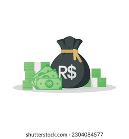 Money bag and banknotes with Brazil Real sign. Brazil currency symbol. Flat style Vector financial items illustration. EPS-10 File.
