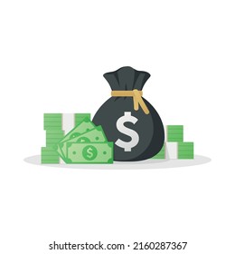 Money bag and banknotes with dollar sign. United States Cash money symbol. Flat style Vector illustration isolated on white background.