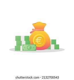 Money bag and banknotes with euro sign. European Cash money icon. Flat style Vector illustration isolated on white background.