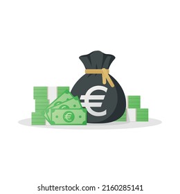 Money bag and banknotes with euro sign. European Union money symbol. Flat style Vector illustration isolated on white background.