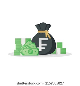 Money bag and banknotes with Frans sign. Swiss franc money symbol. CHF money stack. Flat style Vector illustration isolated on white background.