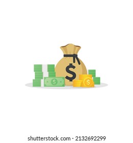 Money bag and banknotes , gold coins with dollar sign. Cash money icon. Flat style Vector illustration isolated on white background.