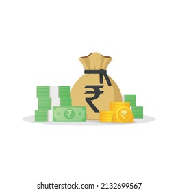 Money bag, banknotes and gold coins with rupee sign. Indian Cash money icon. Flat style Vector illustration isolated on white background.