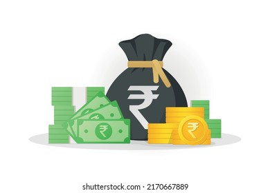 Money bag, banknotes and gold coins with rupee sign. Indian Cash money icon. Flat style eps-10 Vector illustration isolated on white background. svg