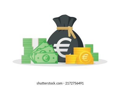 Money bag, banknotes and gold coins with euro sign. European Union money symbol. Flat style eps-10 Vector illustration isolated on white background.