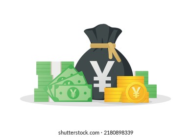 Money bag, banknotes and gold coins with YEN sign. Japanese Cash money icon. Flat style eps-10 Vector illustration isolated on white background.