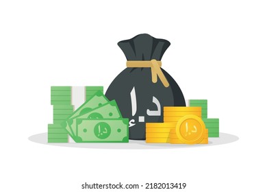 Money bag, banknotes and gold coins with dirham sign. United Arab Emirates money symbol. Flat style eps-10 Vector illustration isolated on white background.
