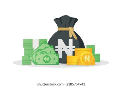 Money bag, banknotes and gold coins with naira sign. Nigerian money symbol. Flat style eps-10 Vector illustration isolated on white background.