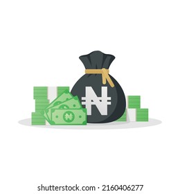 Money Bag and banknotes with naira sign. Nigerian money symbol. Flat style Vector illustration isolated on white background.